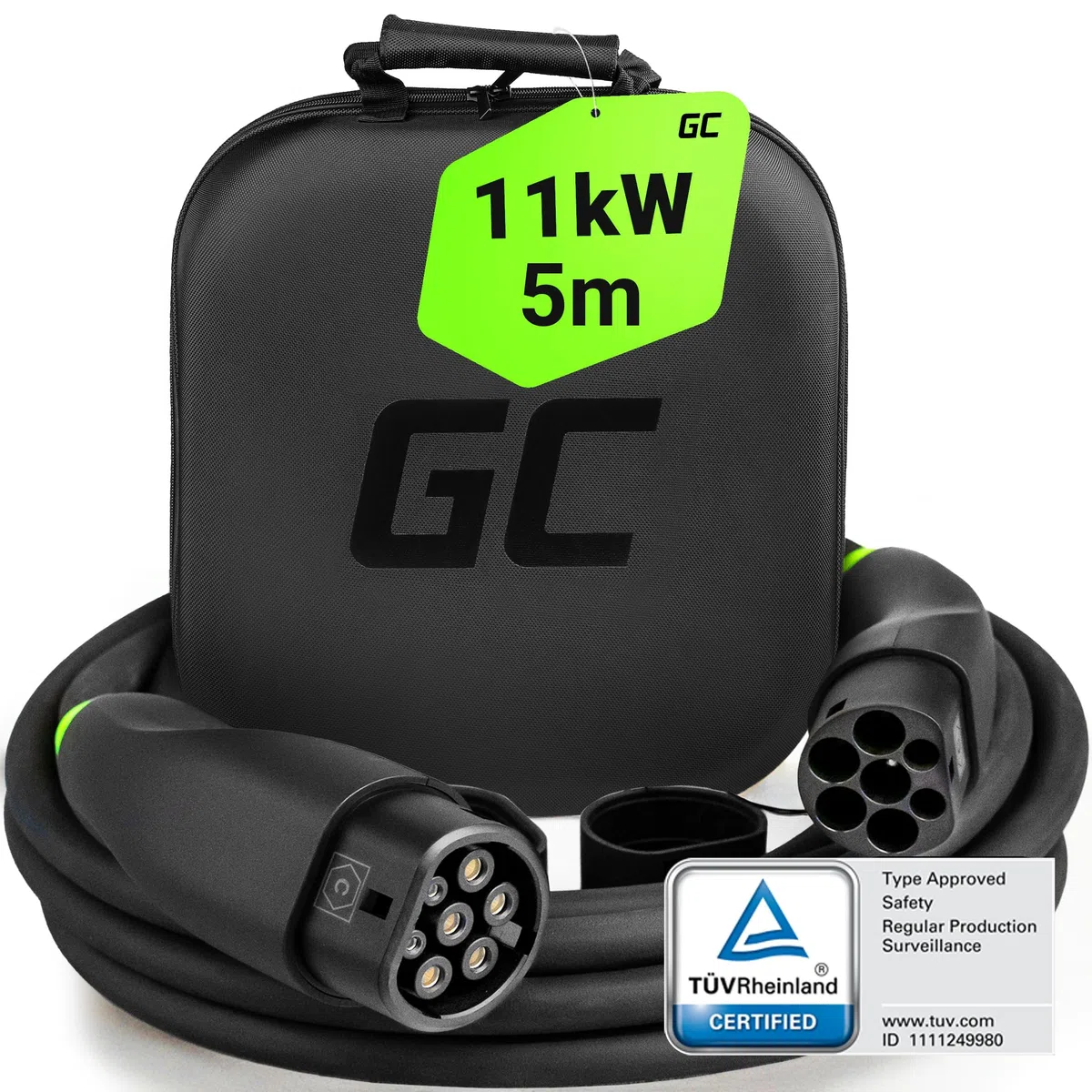 Green Cell GC Snap Tipo 2 Cavo di Ricarica 11kW 5m 16A per EV Auto Elettriche Tipo 2 a Trifase TÜV Compatibile con Model Y 3 S X, 500e, 600e, e-208, e-2008, ZOE, ID.3, ID.4, iX1, EV6, Mach-E