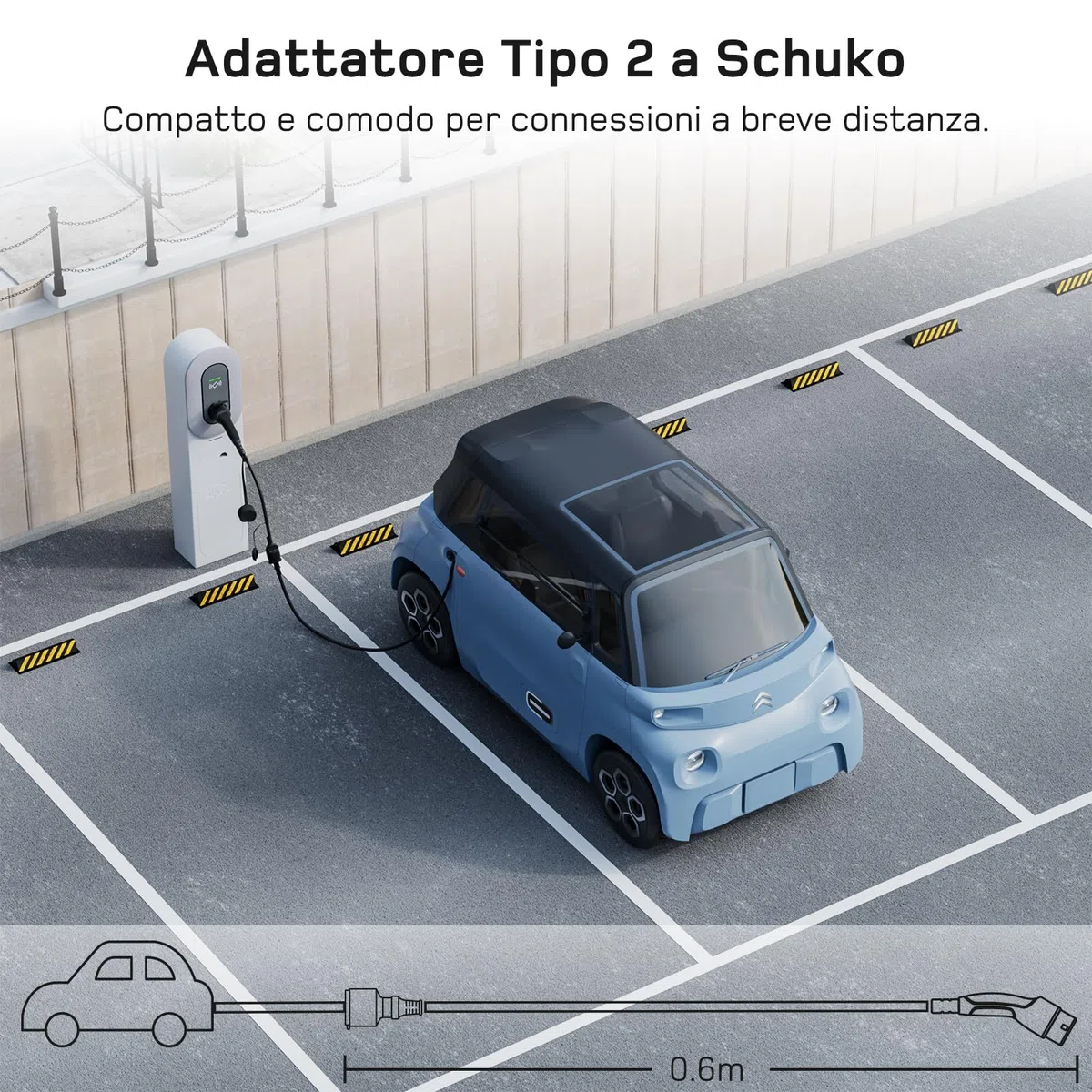 dé Adattatore Tipo 2 a Schuko [0,6m 16A] alla Presa di Ricarica per Auto elettrica Schuko, per caricare AMI, e-Bike, e-Scooter, e-Moto presso stazioni di ricarica/wallbox | Non per V2L