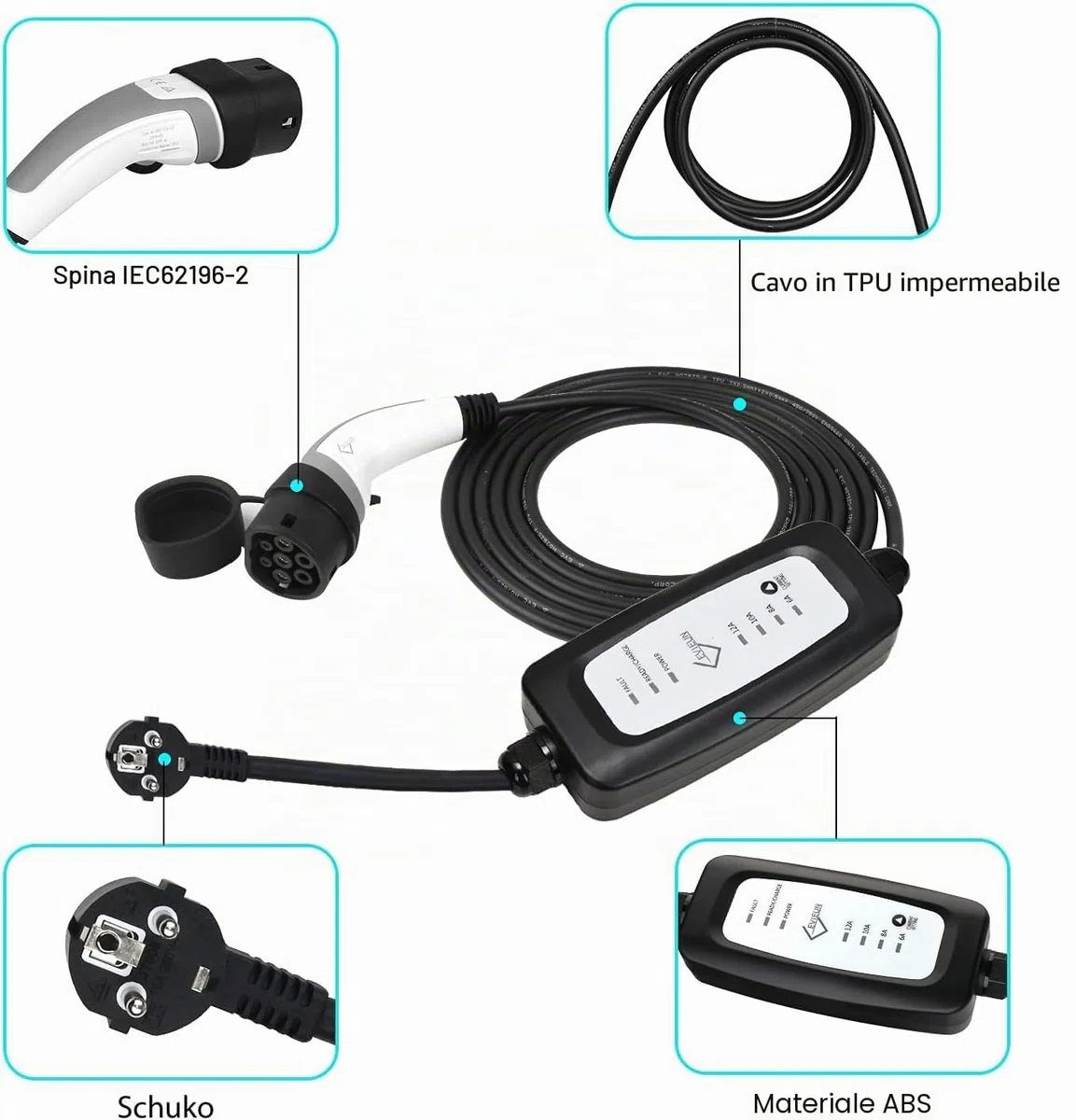 EV Cavo di Ricarica 7 Metri,EV Charger Tipo 2 Ricarica Portatile Standard Europeo con Scatola di Ricarica Commutabile 6-16A Schuko 2 Pin (Spina di Euro) 3.6KW