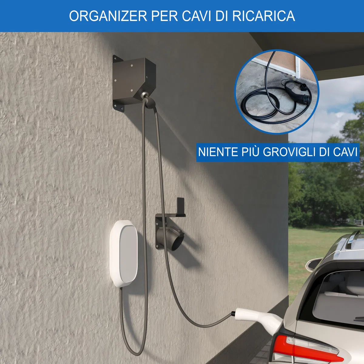 Supporto per cavo automatico di tipo 2 retrattile • Supporto da parete per cavo di ricarica con alloggiamento in acciaio • Ideale per uso esterno