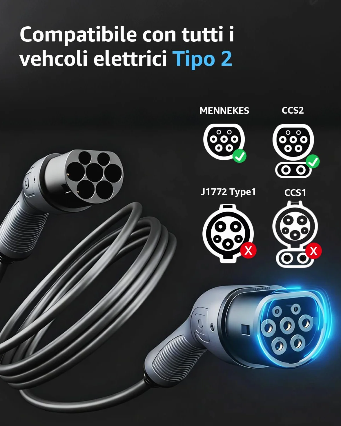 bokman Cavo Ricarica Auto Elettrica Tipo 2, 22 KW / 5 Metri / 32A / 3 Fase/modalità 3, Cavo Tipo 2 con Borsa per Il Trasporto Applicabile a 500e/Model Y/3/Primavera/ID.3/ID.4/e-208