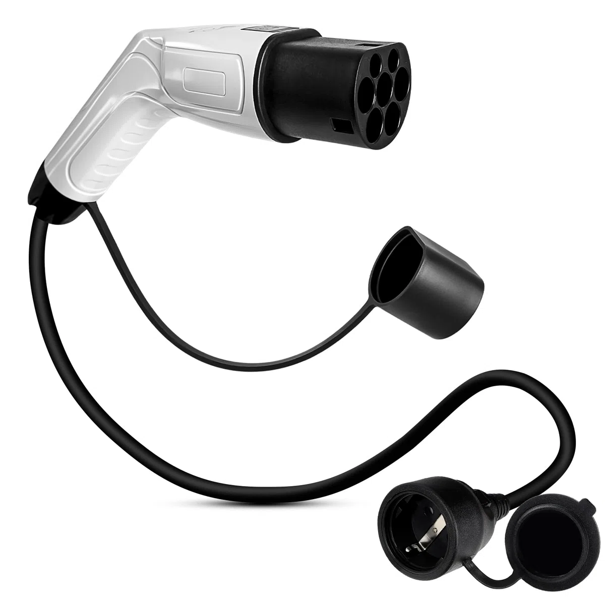 Adattatore da Tipo 2 a Schuko per Ricarica Auto Elettrica, 16 A, 3,5 kW, 0,7 m, 230 V per EV, E-Bike, Scooter Elettrico, Moto, Solo per Stazione di Ricarica e Wallbox con Pulsante di Arresto
