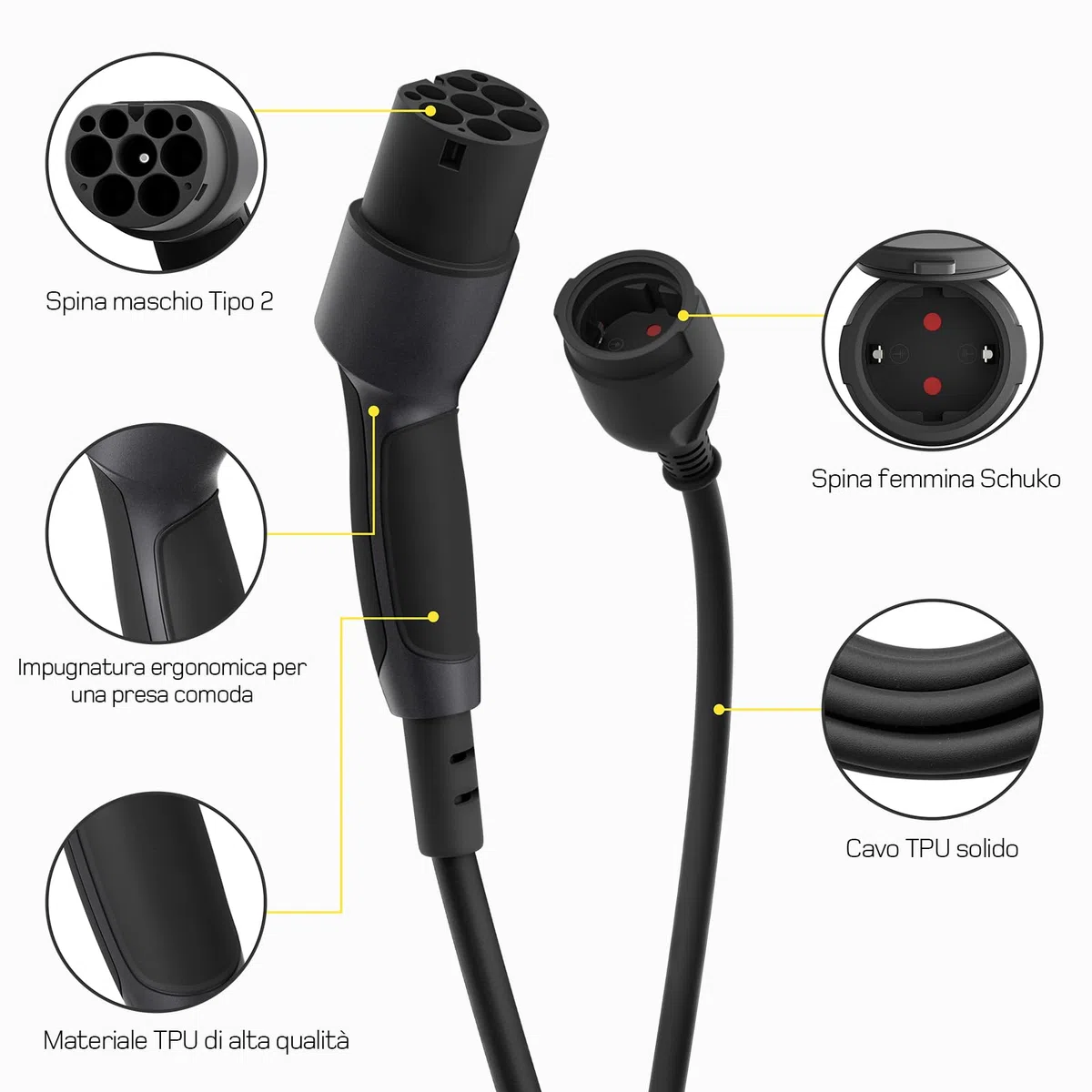 dé Adattatore Tipo 2 a Schuko [0,6m 16A] alla Presa di Ricarica per Auto elettrica Schuko, per caricare AMI, e-Bike, e-Scooter, e-Moto presso stazioni di ricarica/wallbox | Non per V2L