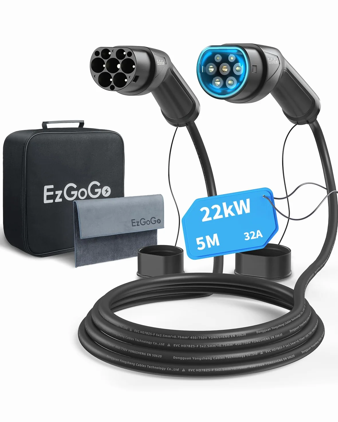EzGoGo Cavo Ricarica Auto Elettrica Tipo 2, Modalità 3 / 32A / 22 KW / 3 Fase / 5 Metri, Con Borsa per Il Trasporto e Asciugamano in Microfibra