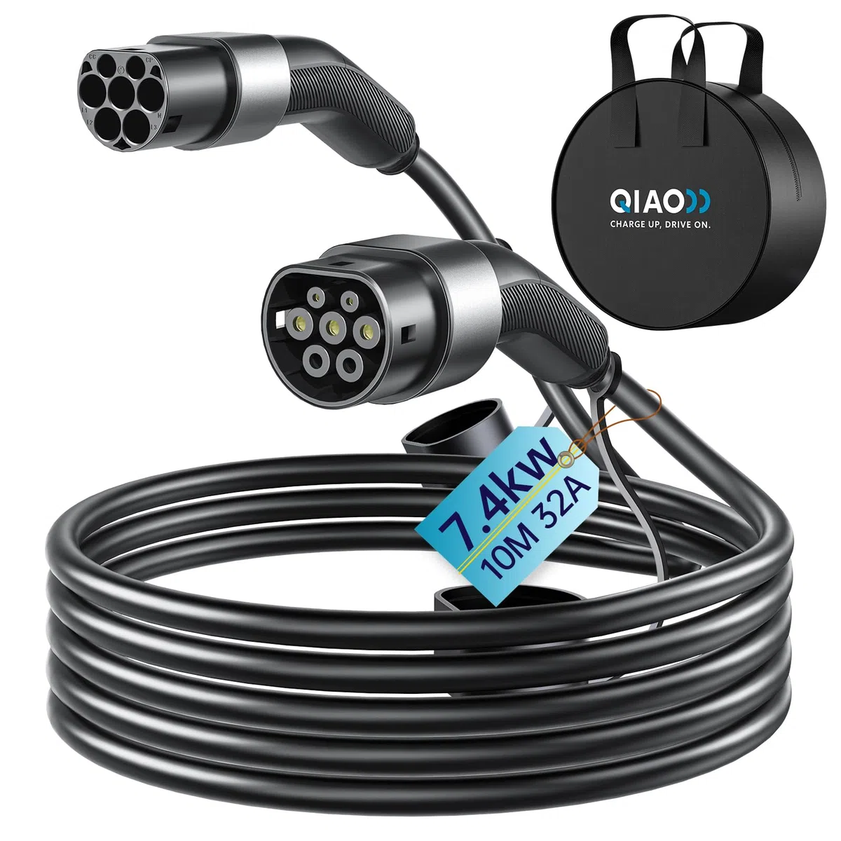 QIAO)) Cavo di ricarica per veicoli elettrici di tipo 2, 7,4kW 32A 10M monofase, elettrici da tipo 2 a tipo 2 IEC 62196, cavo di ricarica rapida per auto elettriche con borsa per il trasporto