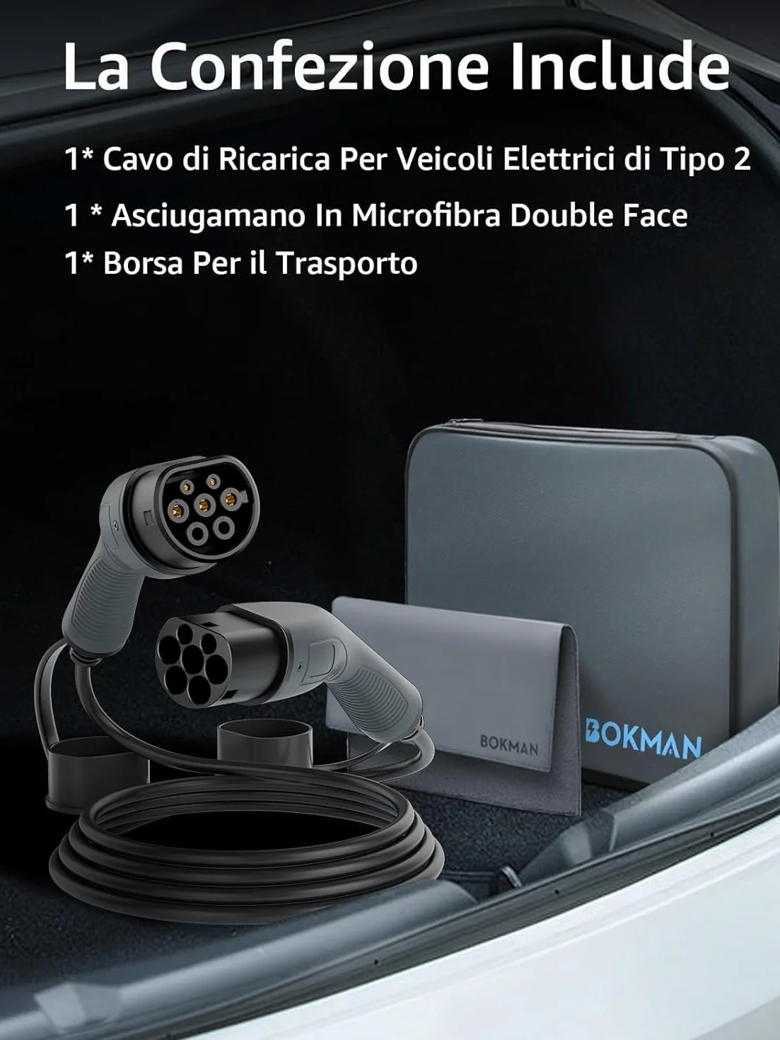 bokman Cavo Ricarica Auto Elettrica Tipo 2, 22 KW / 5 Metri / 32A / 3 Fase/modalità 3, Cavo Tipo 2 con Borsa per Il Trasporto Applicabile a 500e/Model Y/3/Primavera/ID.3/ID.4/e-208
