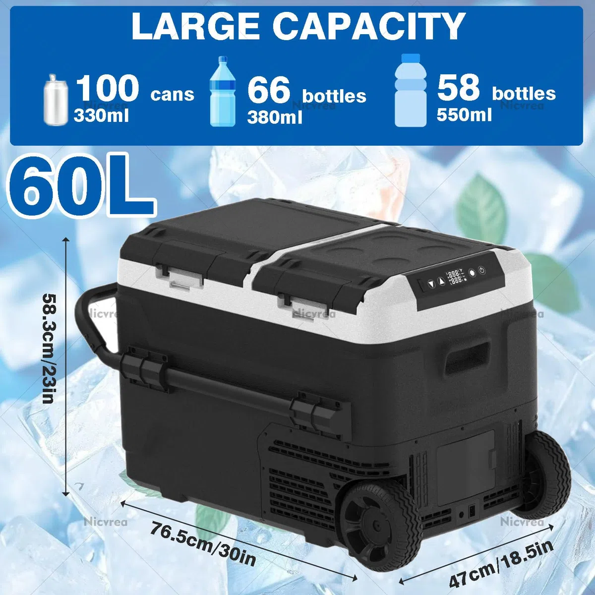 Frigorifero Elettrico Portatile - Frigorifero a Doppia Zona per Auto, 12/24 V CC e 100-240 V CA, da -4℉ a 68℉, congelatore da 60 Litri. Ideale per Viaggi, Campeggio, Camper e casa.