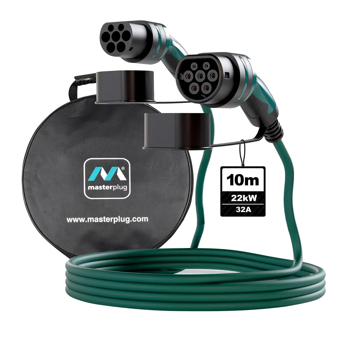 Masterplug Cavo di Ricarica Rapida EV Modo 3 con Custodia, per Veicoli Elettrici e Ibridi Plug-In, Tipo 2 a Tipo 2, Trifase, Cavo da 10 Metri, 22 kW, 32 A, EVC223210TL/CASE