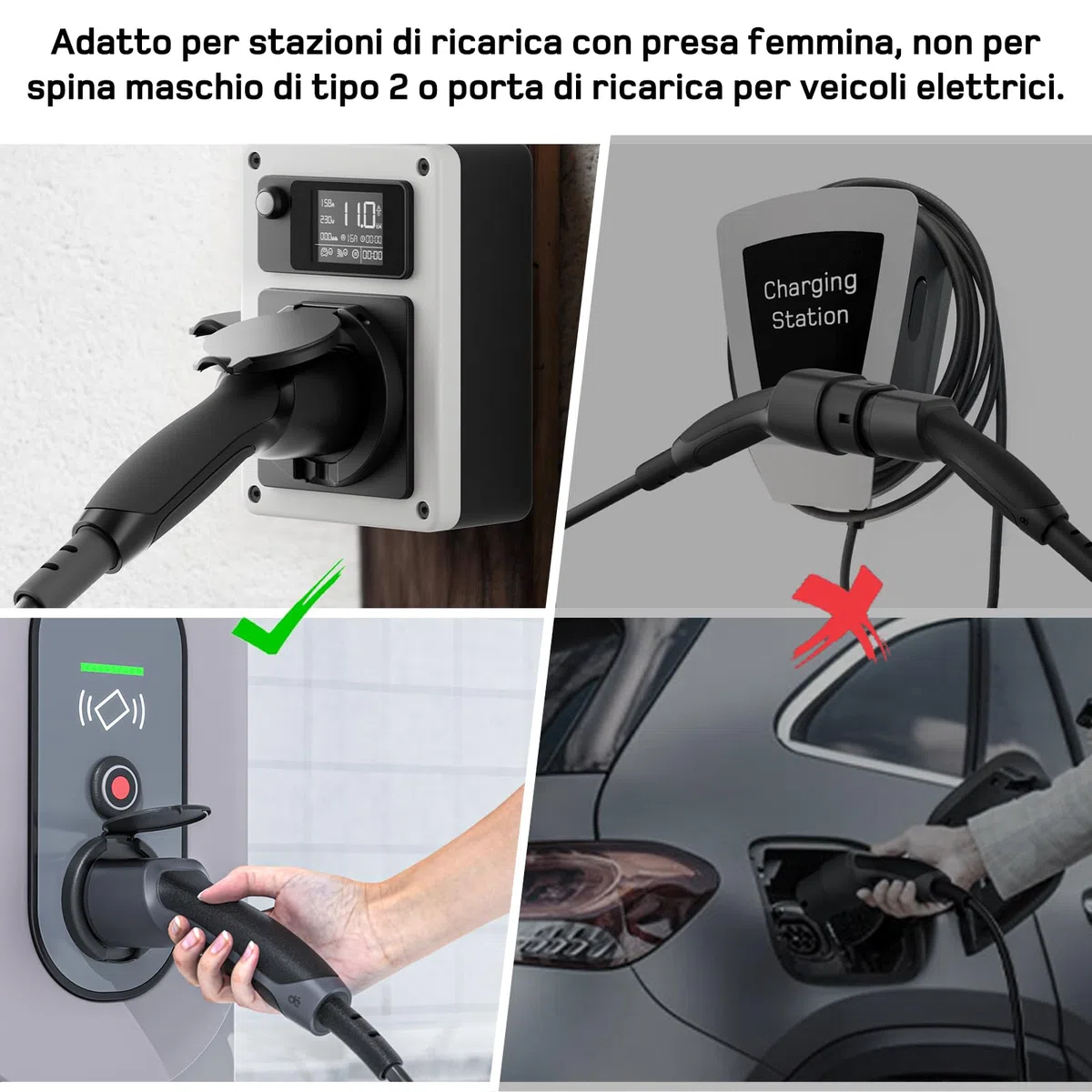 dé Adattatore Tipo 2 a Schuko [0,6m 16A] alla Presa di Ricarica per Auto elettrica Schuko, per caricare AMI, e-Bike, e-Scooter, e-Moto presso stazioni di ricarica/wallbox | Non per V2L