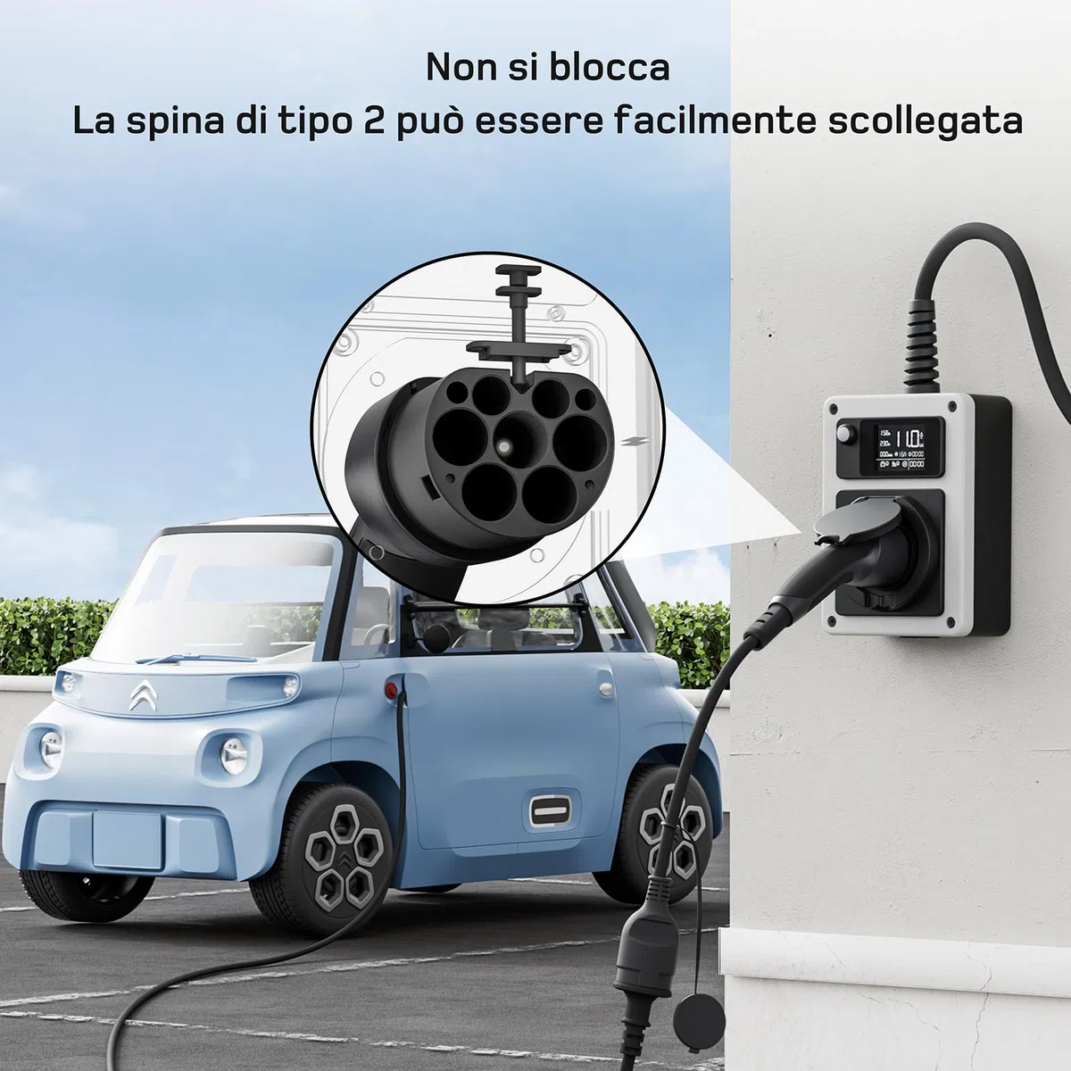 dé Adattatore Tipo 2 a Schuko [0,6m 16A] alla Presa di Ricarica per Auto elettrica Schuko, per caricare AMI, e-Bike, e-Scooter, e-Moto presso stazioni di ricarica/wallbox | Non per V2L