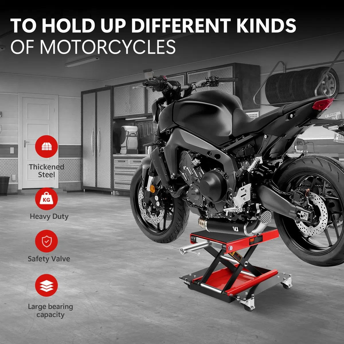 Garvee Sollevatore a forbice per moto 1100LBS - Piattaforma antiscivolo ampia - Ruote per facile spostamento - Acciaio resistente - Altezza regolabile e manovella manuale - Per cruiser, moto da cross,