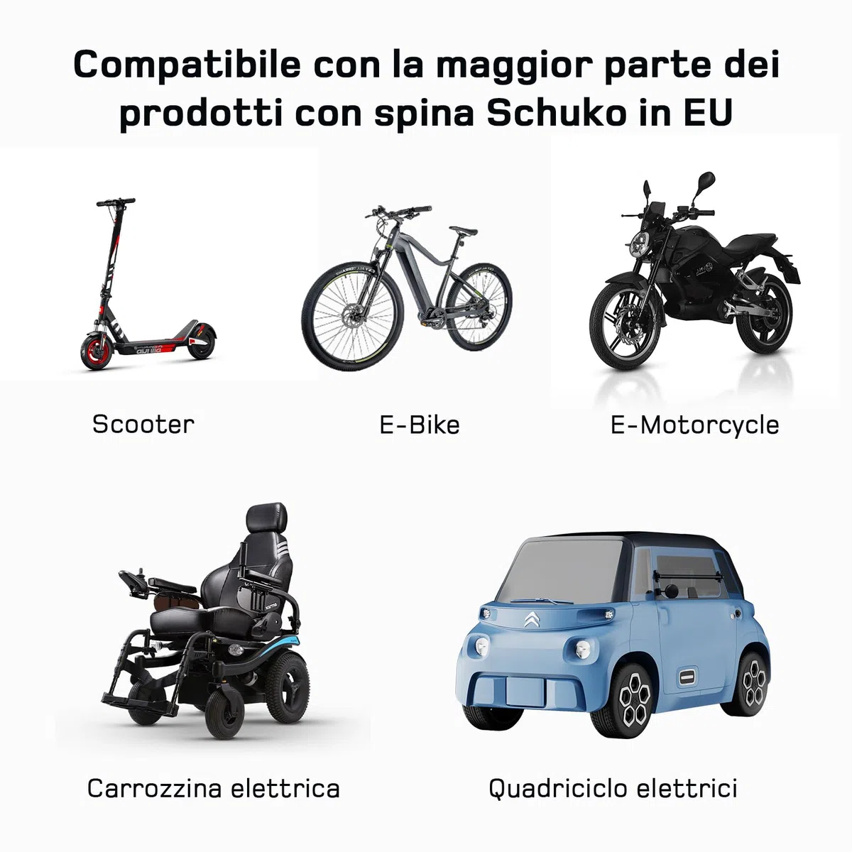 dé Adattatore Tipo 2 a Schuko [0,6m 16A] alla Presa di Ricarica per Auto elettrica Schuko, per caricare AMI, e-Bike, e-Scooter, e-Moto presso stazioni di ricarica/wallbox | Non per V2L