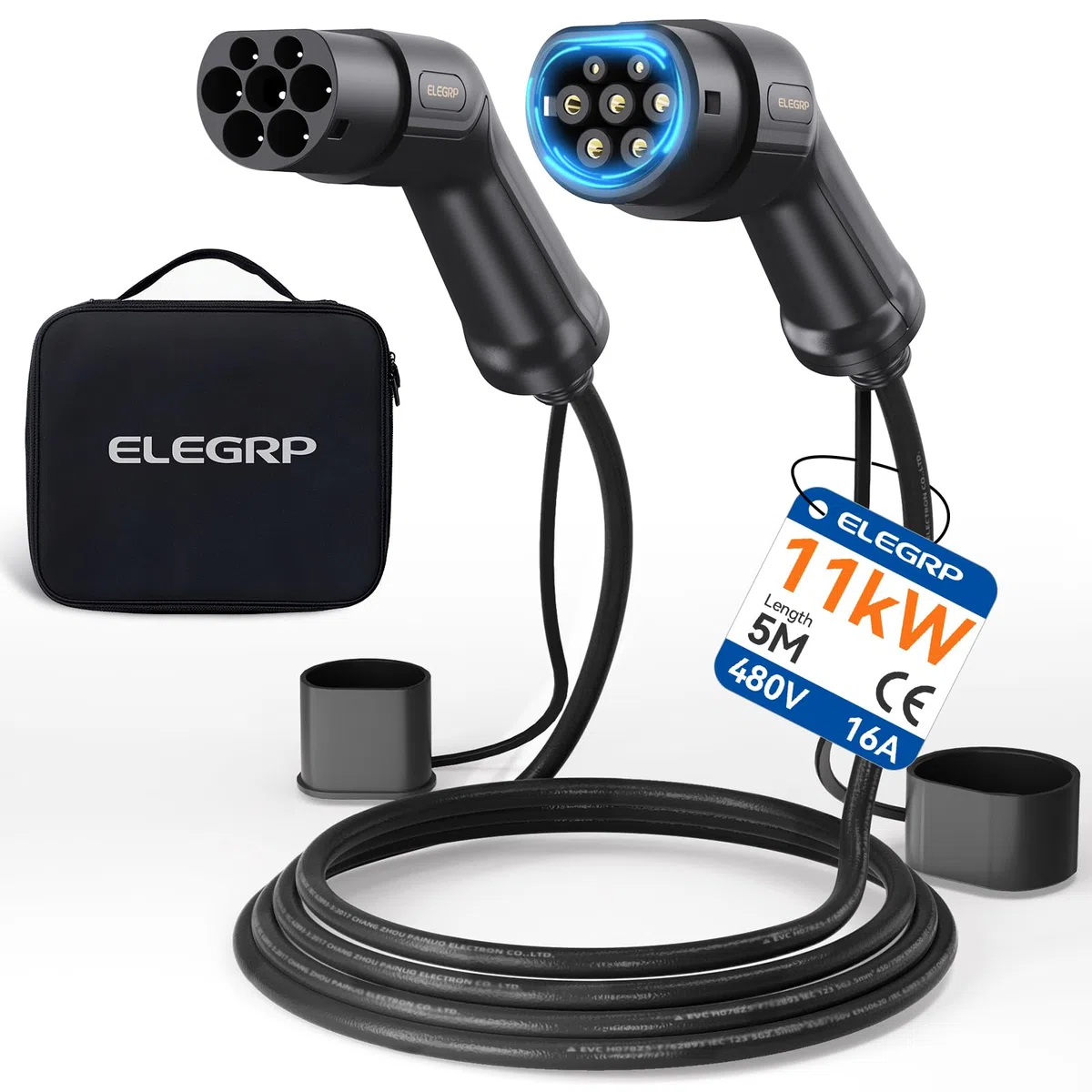 ELEGRP Cavo di ricarica tipo 2, 11 kW, 5 m, 16 A, 3 fasi, tipo 2 a tipo 2, modalità 3, cavo di ricarica per auto elettrica EV/PHEV con custodia, adatto per modello S/3/X/Y, VW ID.3 ID.4 e-Golf e altri