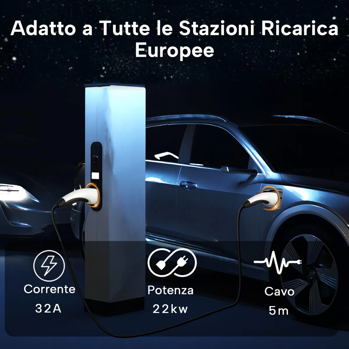 Cavo Ricarica Auto Elettriche Tipo2 22KW 32A 5M, Cavo Tipo2 per EV