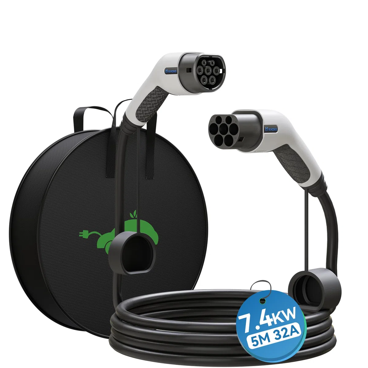 Cavo Ricarica Auto Elettrica Tipo 2, modalità 3 / 32A / 7.4 KW / 1 Fase / 5 Metri, Cavo Tipo 2 di Ricarica Compatibili con Quasi Tutte Auto Elettriche e Ibride（Bianco）