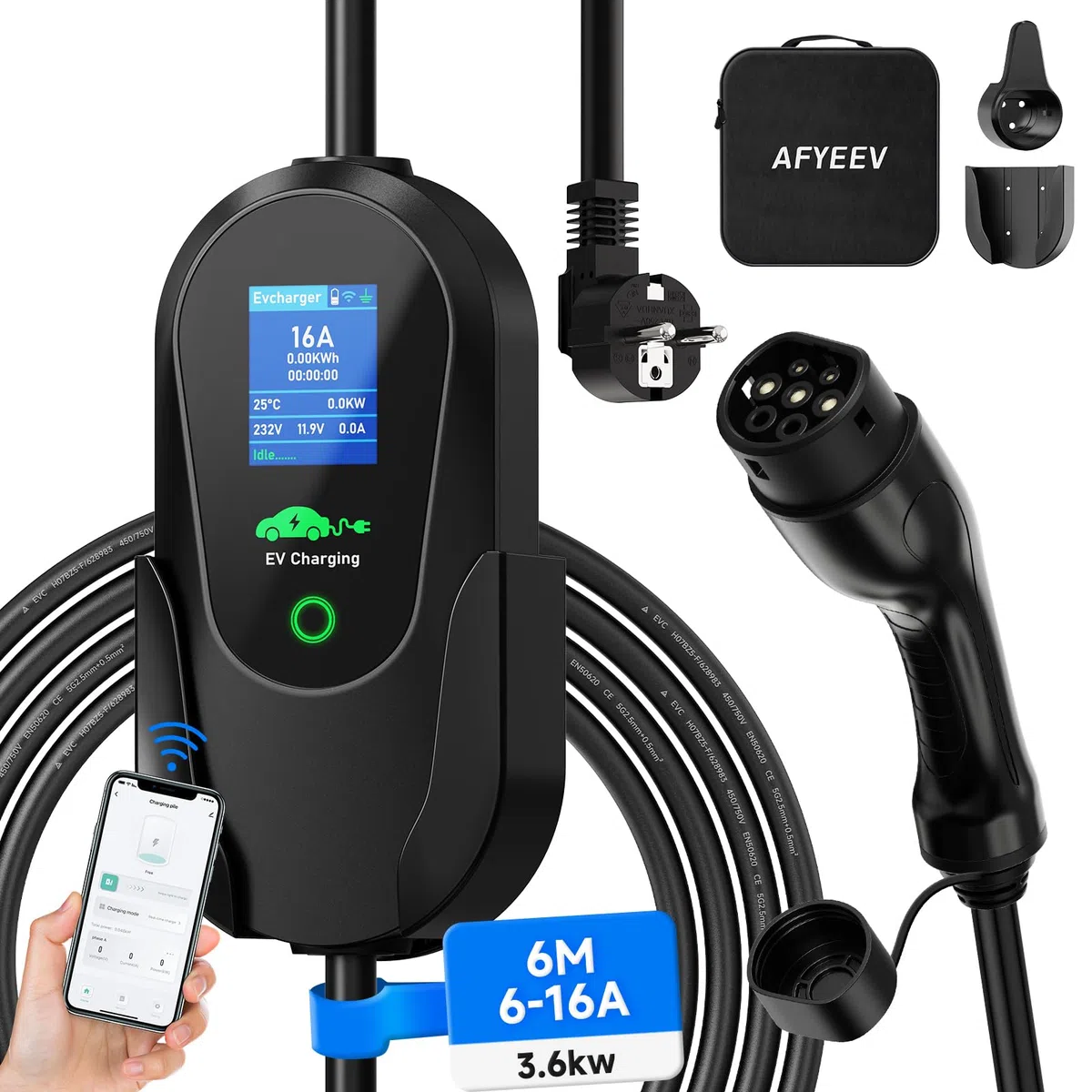 Caricabatteria da auto elettrico 3,68 KW[6 m 6-16 A 1 fase] Cavo di ricarica per auto elettrico tipo 2 corrente regolabile e carica ritardata da 1 a 15 ore