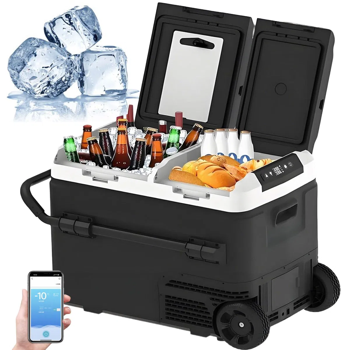 Frigorifero Elettrico Portatile - Frigorifero a Doppia Zona per Auto, 12/24 V CC e 100-240 V CA, da -4℉ a 68℉, congelatore da 60 Litri. Ideale per Viaggi, Campeggio, Camper e casa.