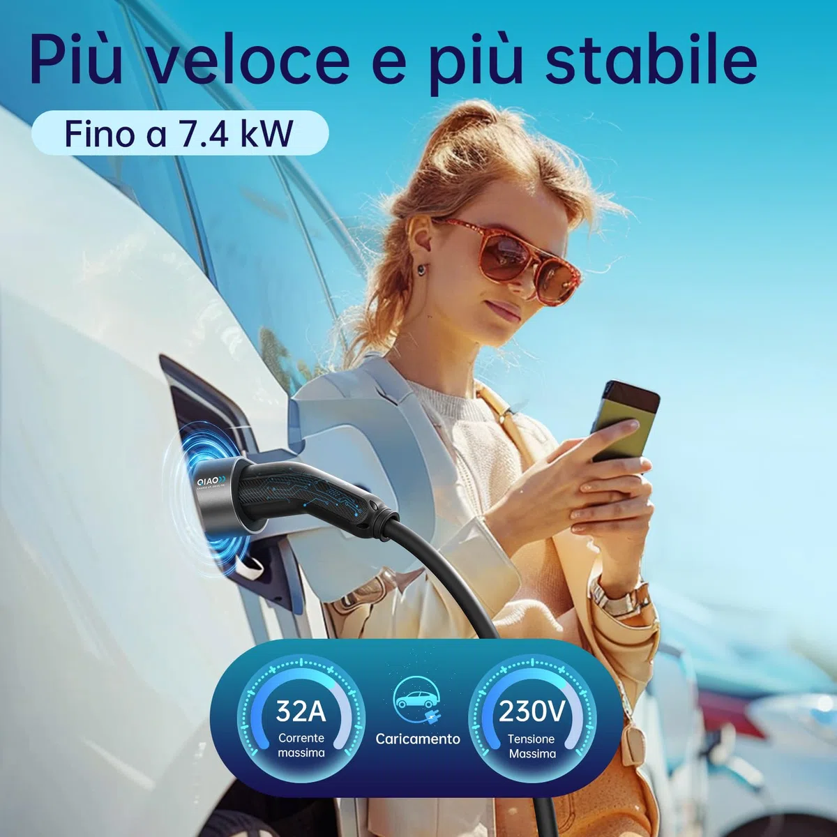 QIAO)) Cavo di ricarica per veicoli elettrici di tipo 2, 7,4kW 32A 10M monofase, elettrici da tipo 2 a tipo 2 IEC 62196, cavo di ricarica rapida per auto elettriche con borsa per il trasporto