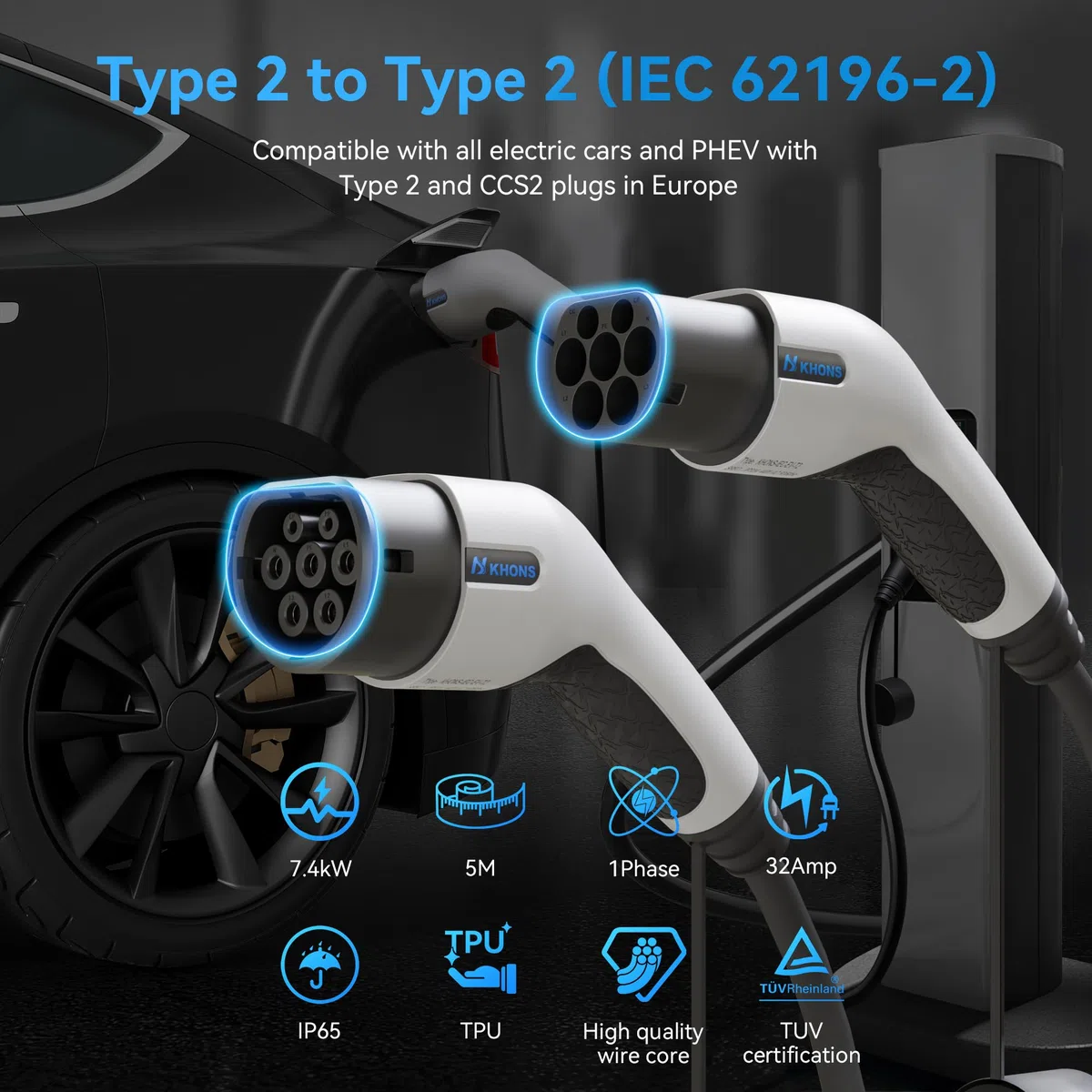 Cavo Ricarica Auto Elettrica Tipo 2, modalità 3 / 32A / 7.4 KW / 1 Fase / 5 Metri, Cavo Tipo 2 di Ricarica Compatibili con Quasi Tutte Auto Elettriche e Ibride（Bianco）