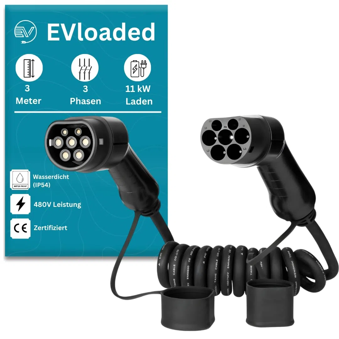 Cavo di Ricarica Tipo 2 per Auto elettriche, 16 A, 3 Fasi, 3 m a Spirale – Soluzione di Ricarica VE Durevole e Flessibile