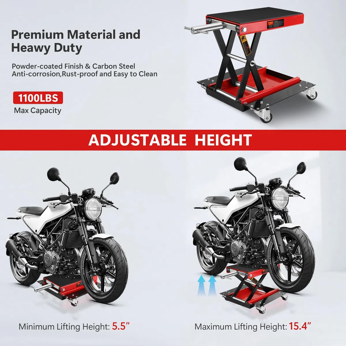 Garvee Sollevatore a forbice per moto 1100LBS - Piattaforma antiscivolo ampia - Ruote per facile spostamento - Acciaio resistente - Altezza regolabile e manovella manuale - Per cruiser, moto da cross,