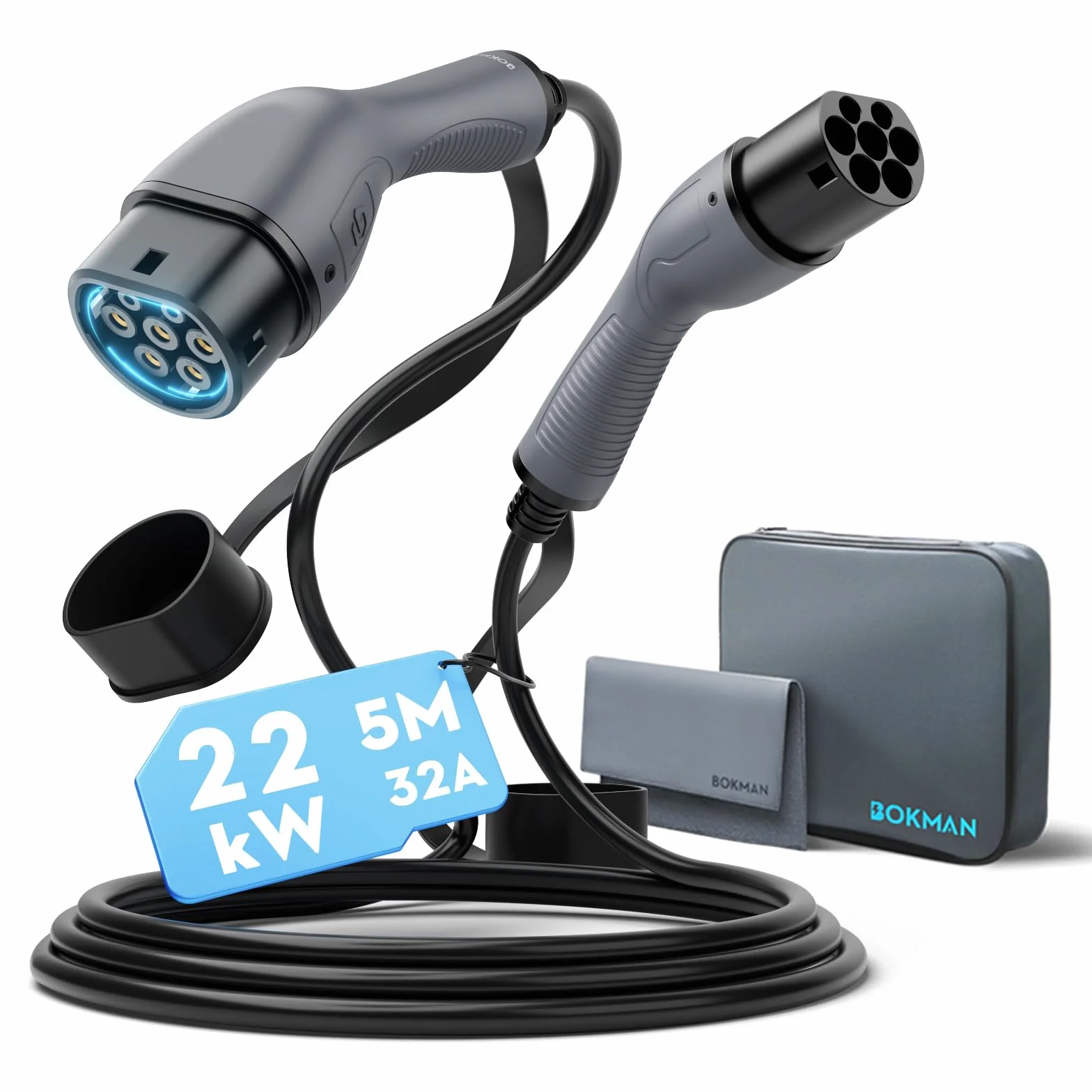 bokman Cavo Ricarica Auto Elettrica Tipo 2, 22 KW / 5 Metri / 32A / 3 Fase/modalità 3, Cavo Tipo 2 con Borsa per Il Trasporto Applicabile a 500e/Model Y/3/Primavera/ID.3/ID.4/e-208